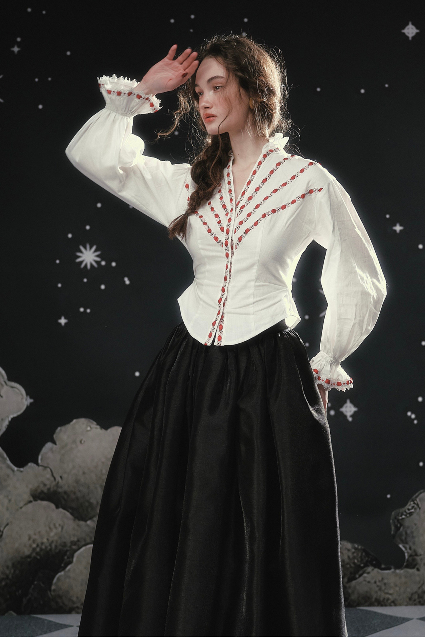 Lace Maid French Cotton Blouse + Flare Skirt