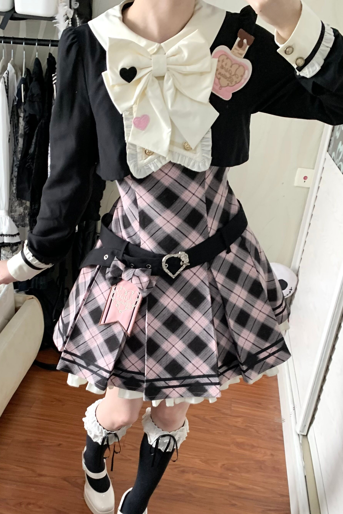 Check Sweet College Faux Two-Piece Dress + Beret