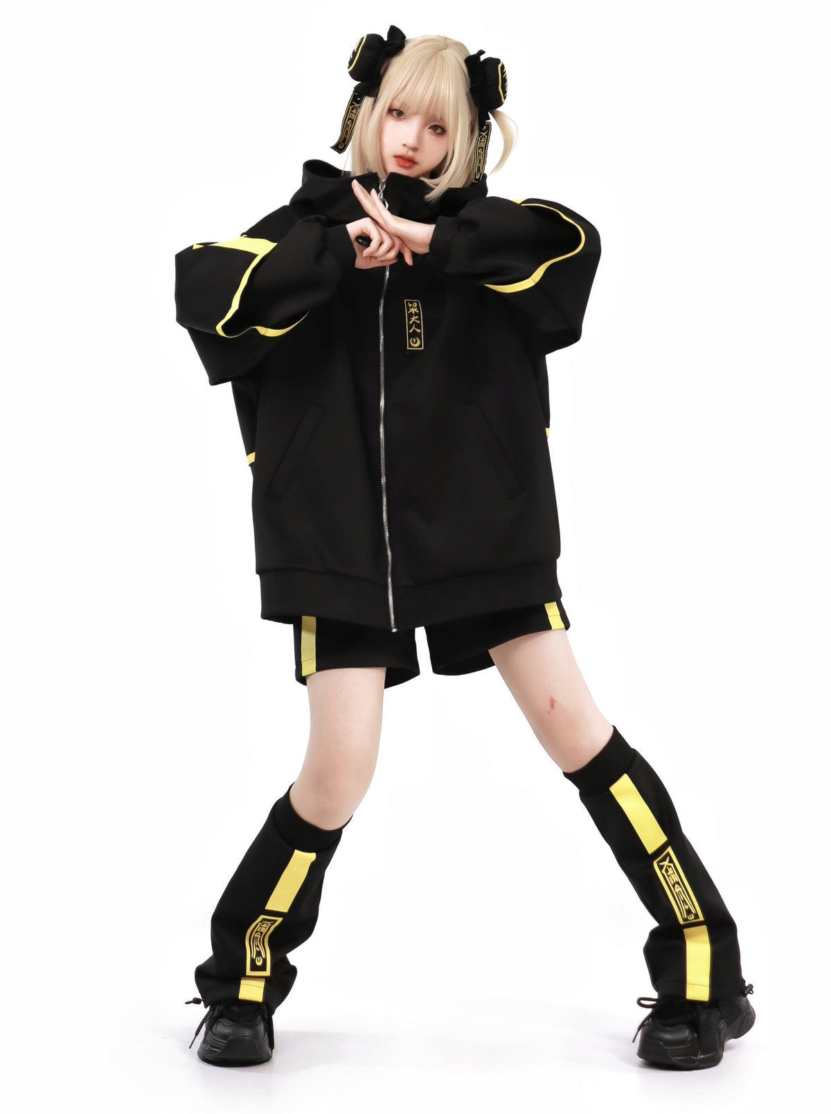 Dark neon china jacket + shorts + long pants + leg warmers + hair accessories [Reserved Item].