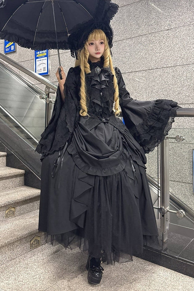 [Pre-order] Gothic Lolita Black Cross Detail Flare Sleeve Long Coat + Headdress