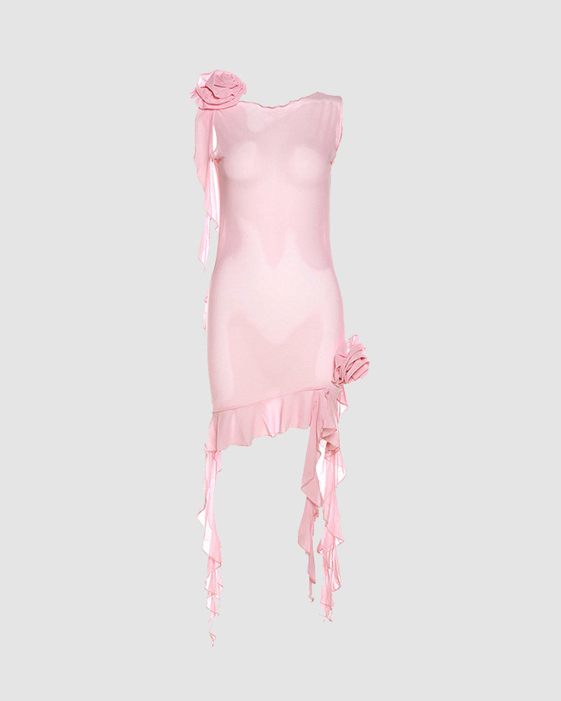 Ezara Floral Mesh Mini Coquette Dress Pink