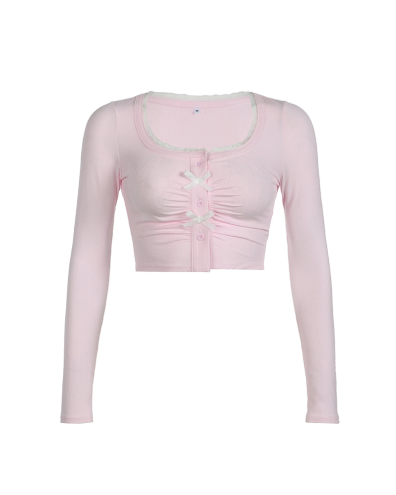 Lace Trimmed Bows Pink Long Sleeve Top