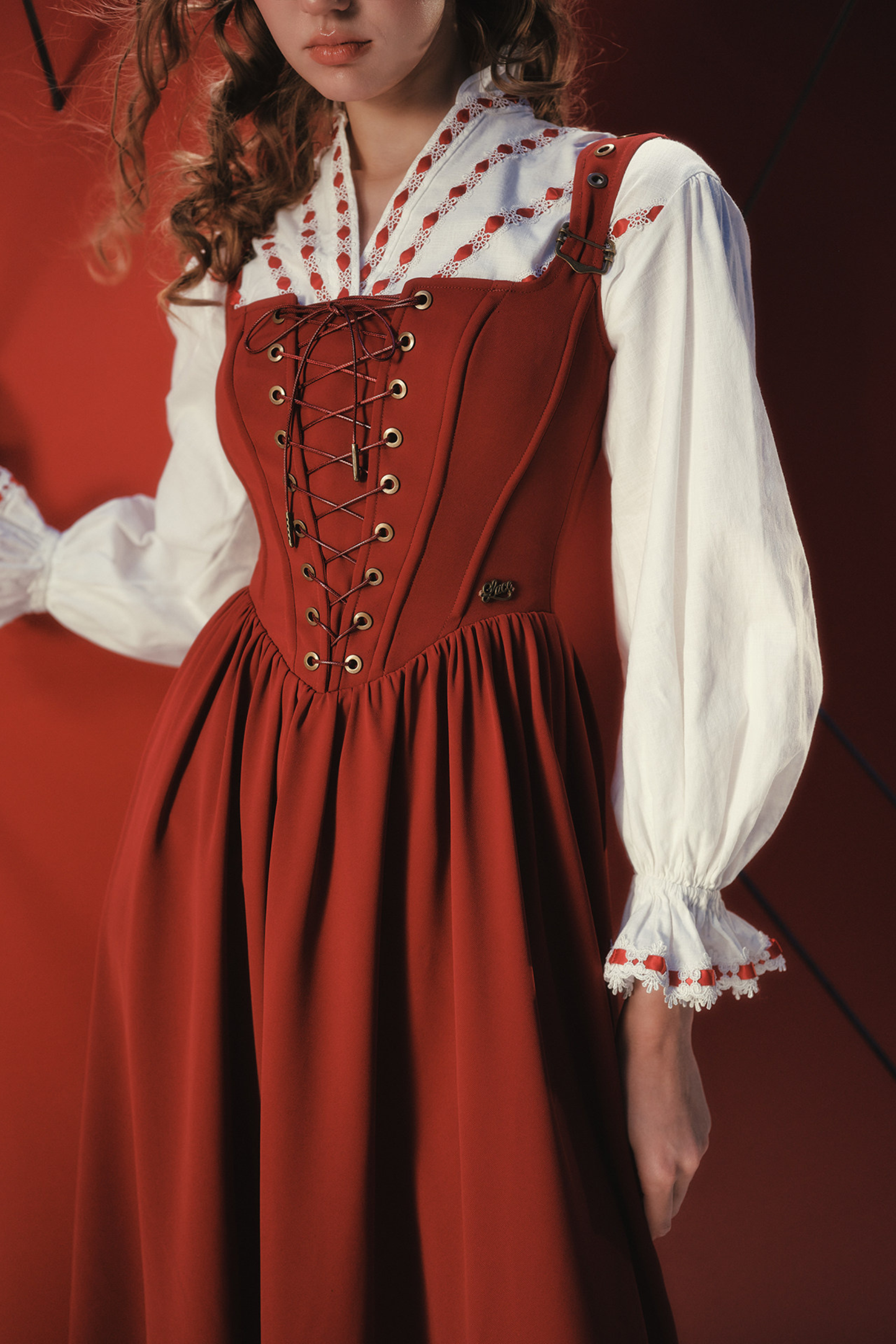 Lace Maid Retro Red Suspender Dress + Blouse