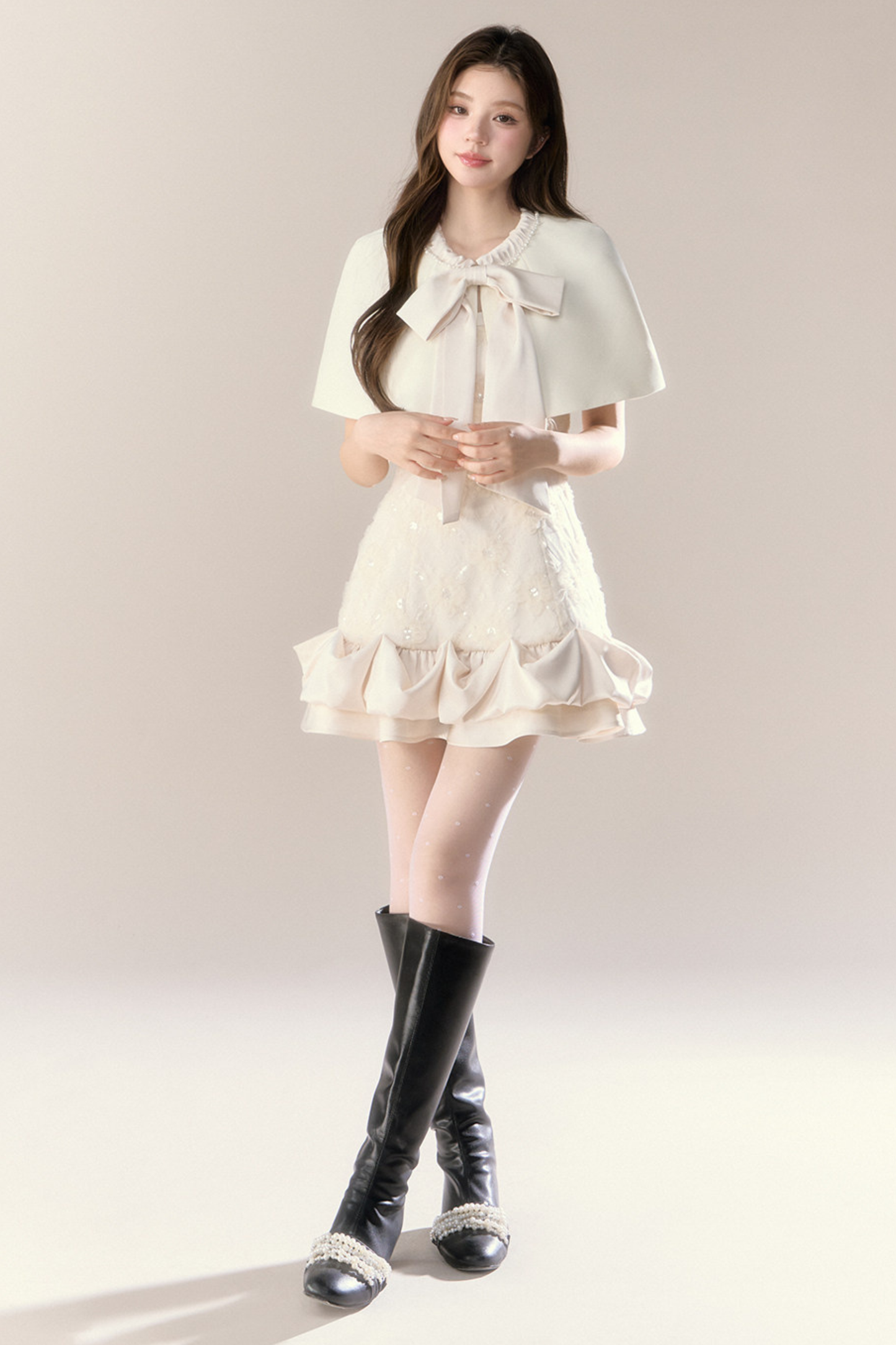 Frill Girly Pure Sleeveless Dress + Ribbon Cape