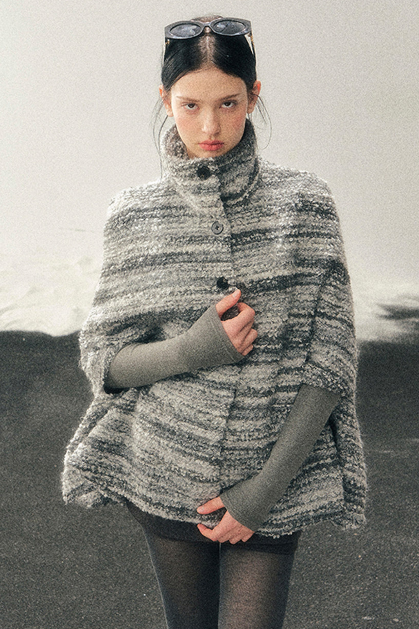 French Striped Wool Turtleneck Coat
