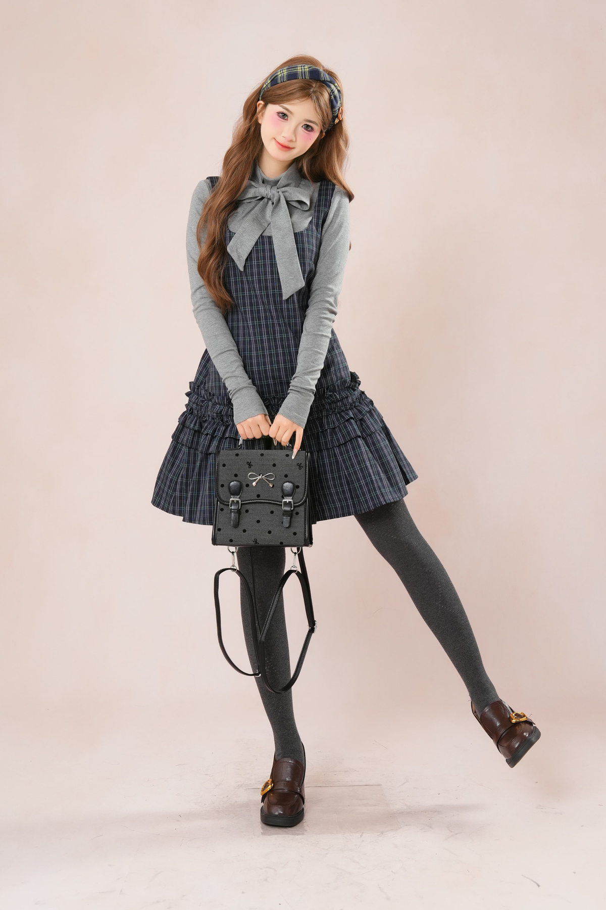 Dark French Ruffle Check Sleeveless Dress + Shirt