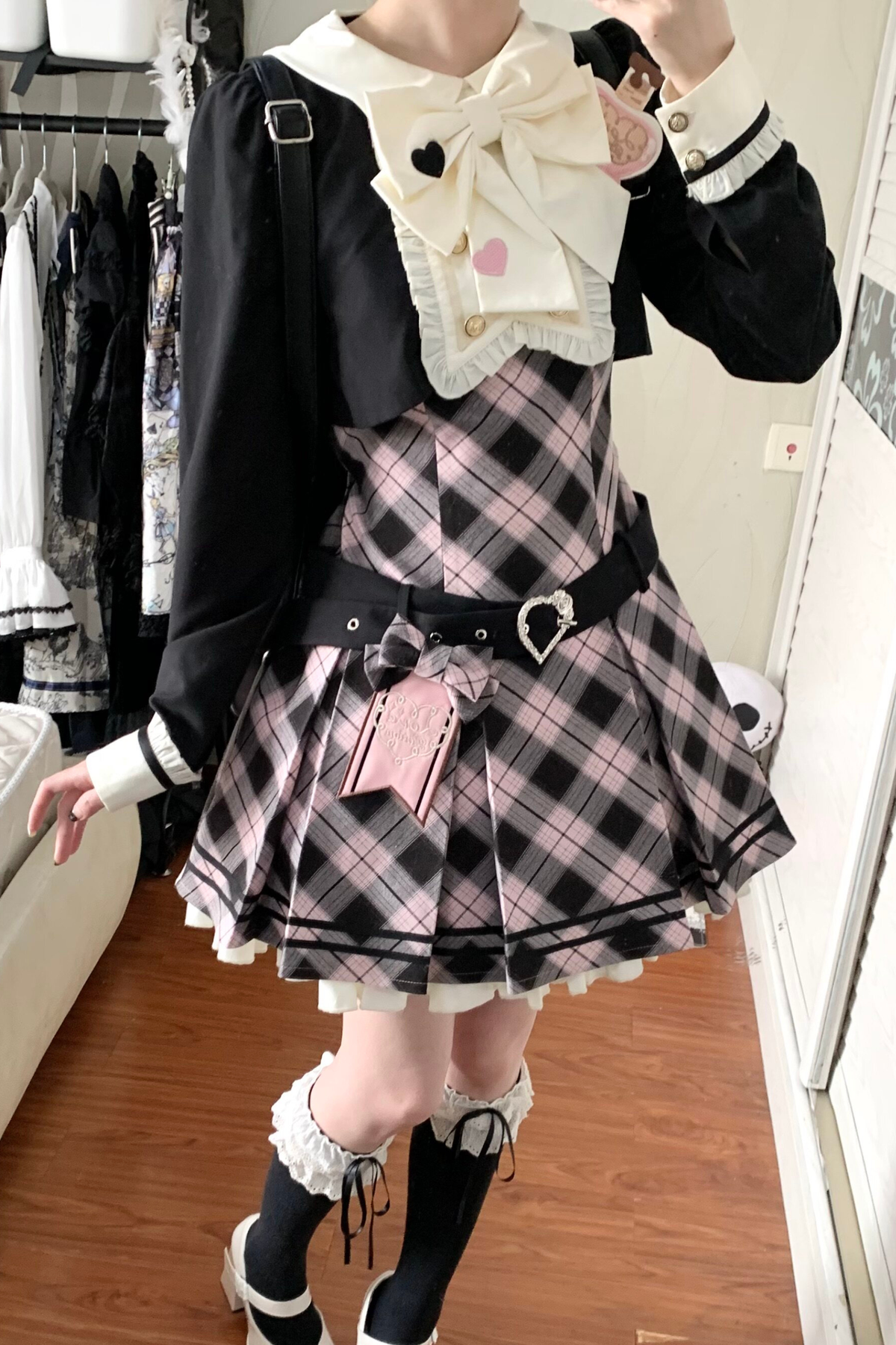 Check Sweet College Faux Two-Piece Dress + Beret