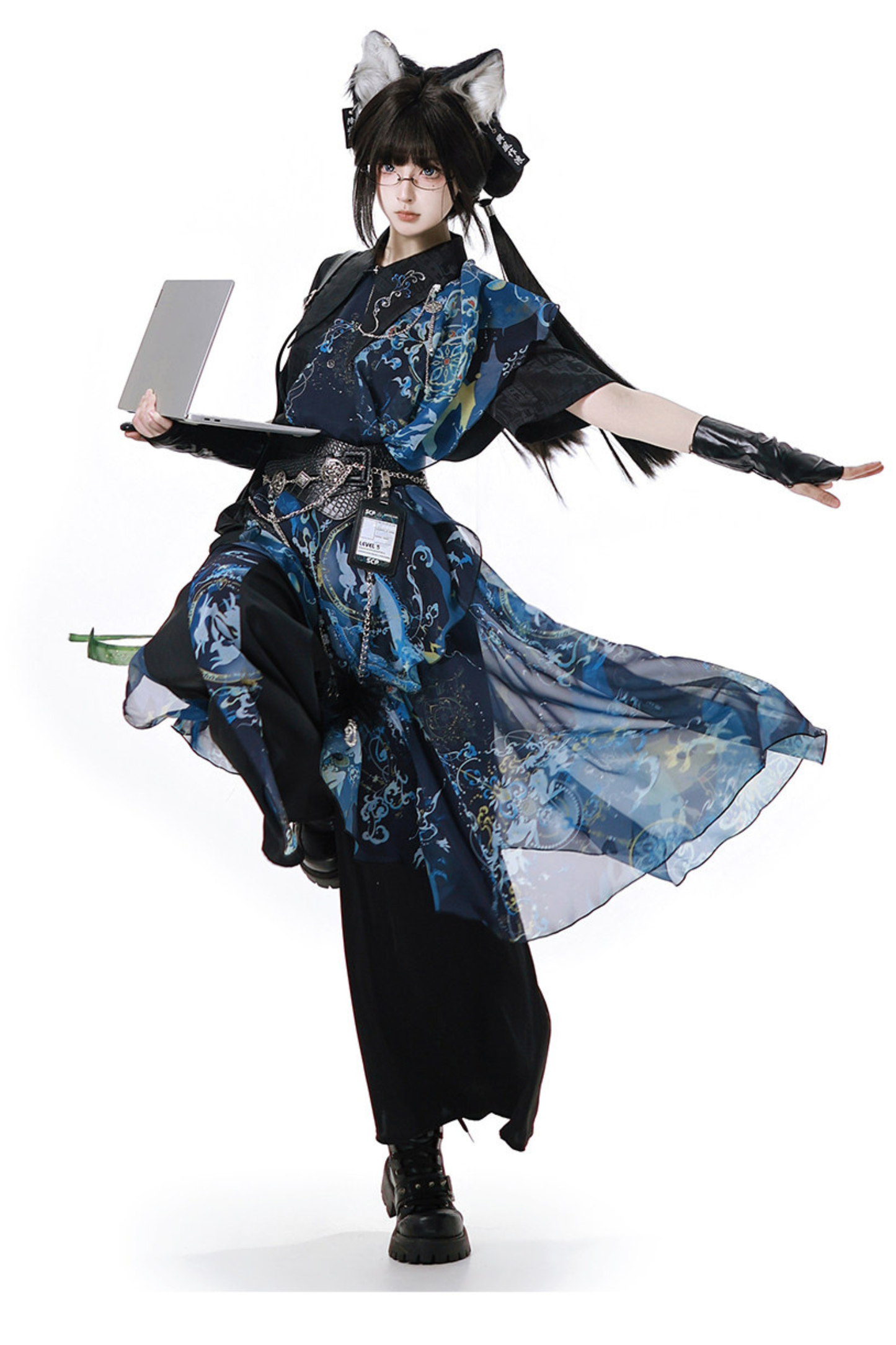 Dark China Shirt + Wide Leg Pants + Chain + Belt