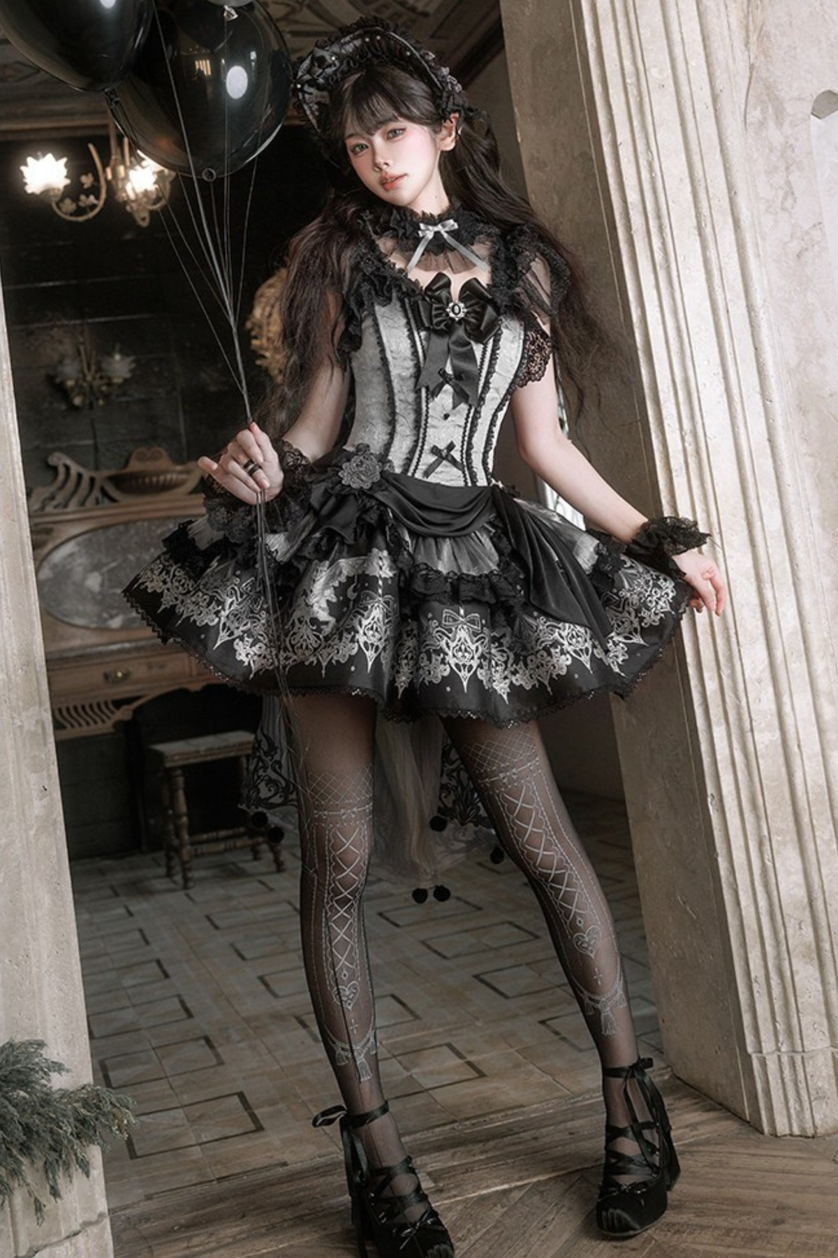 【Reservation Deadline February 28】Dark Silver Lace Lolita Dress + BNT + Neck Accessories