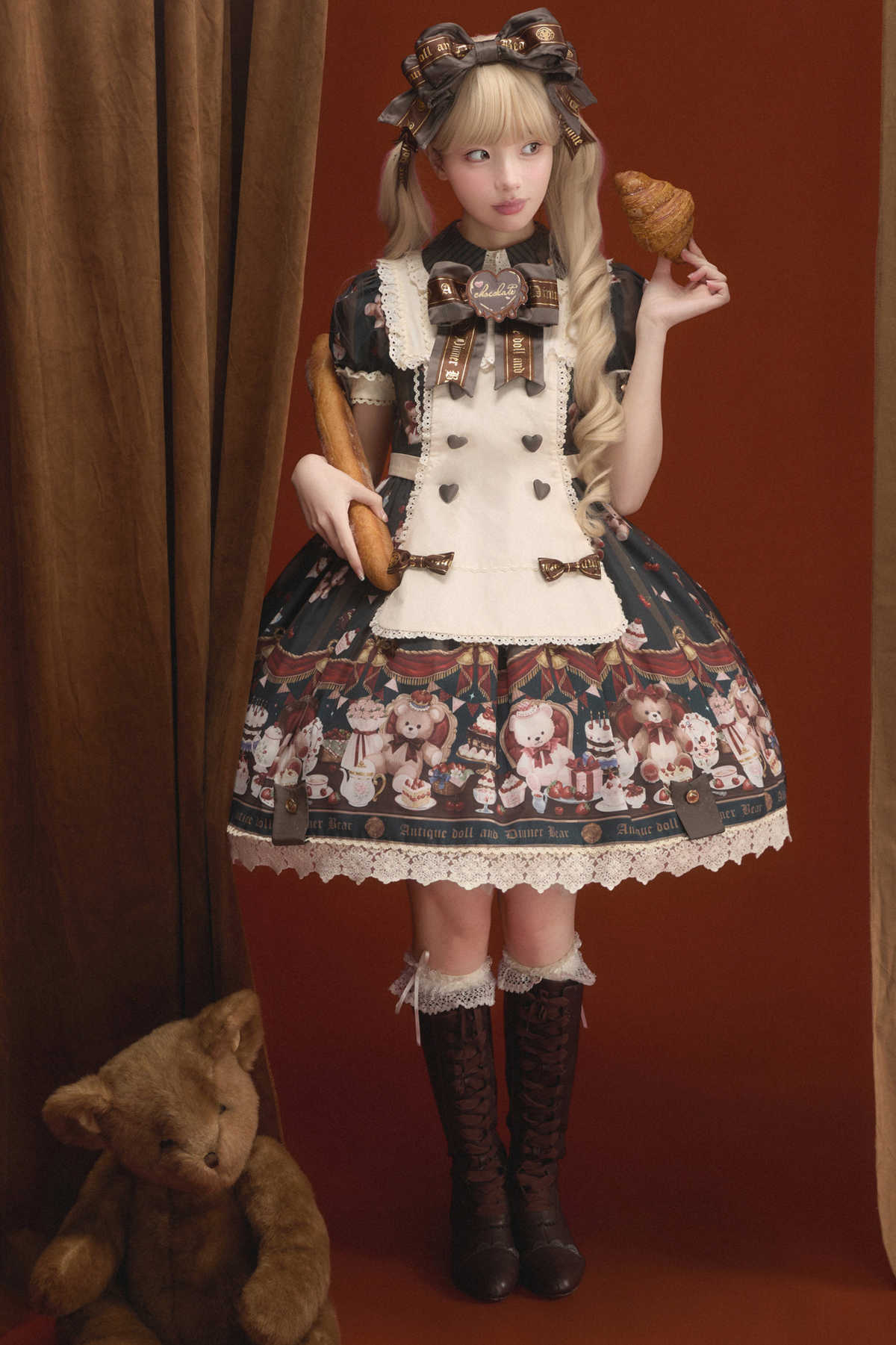 Antique Bear Chef Lolita Dress + Apron + Sleeves + Headband + Brooch + Hair Clip + Hat