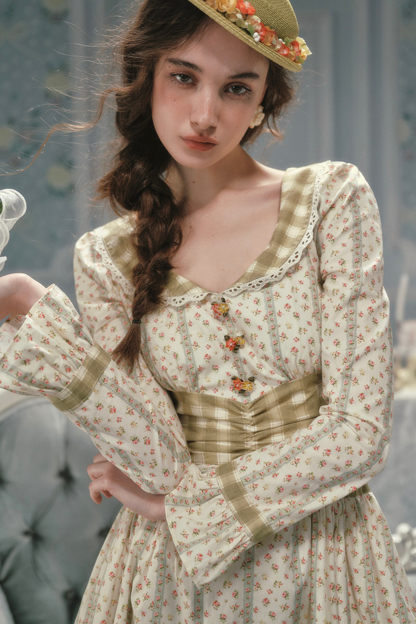 Retro Lace Maid Floral Cotton Dress