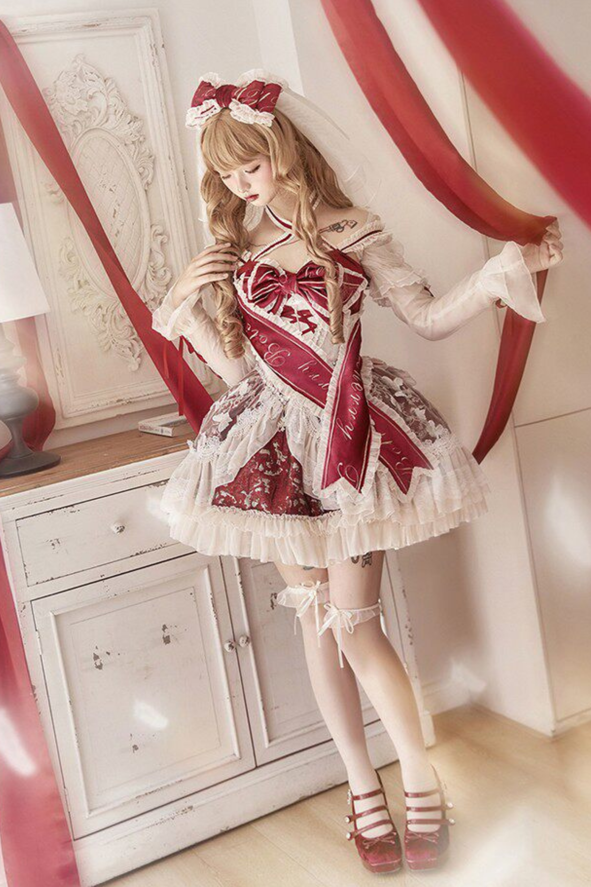 Sweet Baroque Lolita Dress + Veil + Ribbon + Headband + Tail + Sleeves
