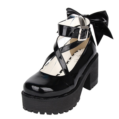 Black Patent Leather Cute Bowknot Lolita Round-toe High Heel Shoes