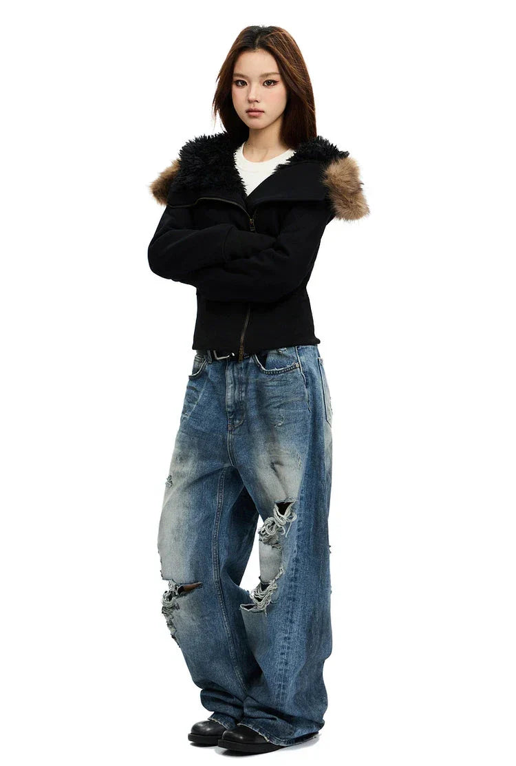 Zip-Up Hoodie with White Faux Fur Hood Trim