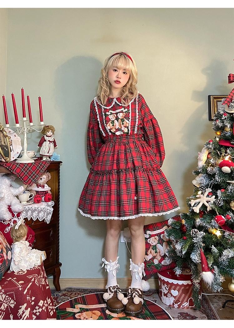 Christmas Vintage Lolita Skirts Doll Collar Blouse Plaid Skirt Set