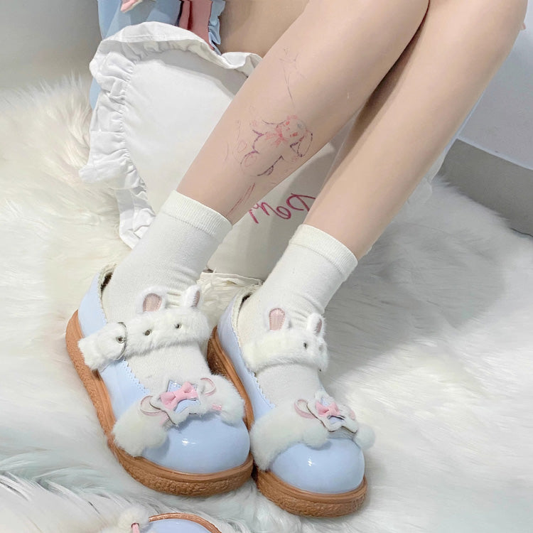 Star Bunny Ears Bowknot Furry Sweet Lolita Shoes 5 Colors Blue