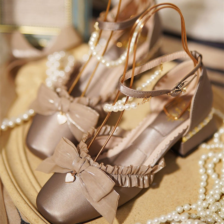 Romance Bowknot Lace Pearl Sweet Elegant Lolita Shoes 4 Colors Coffee