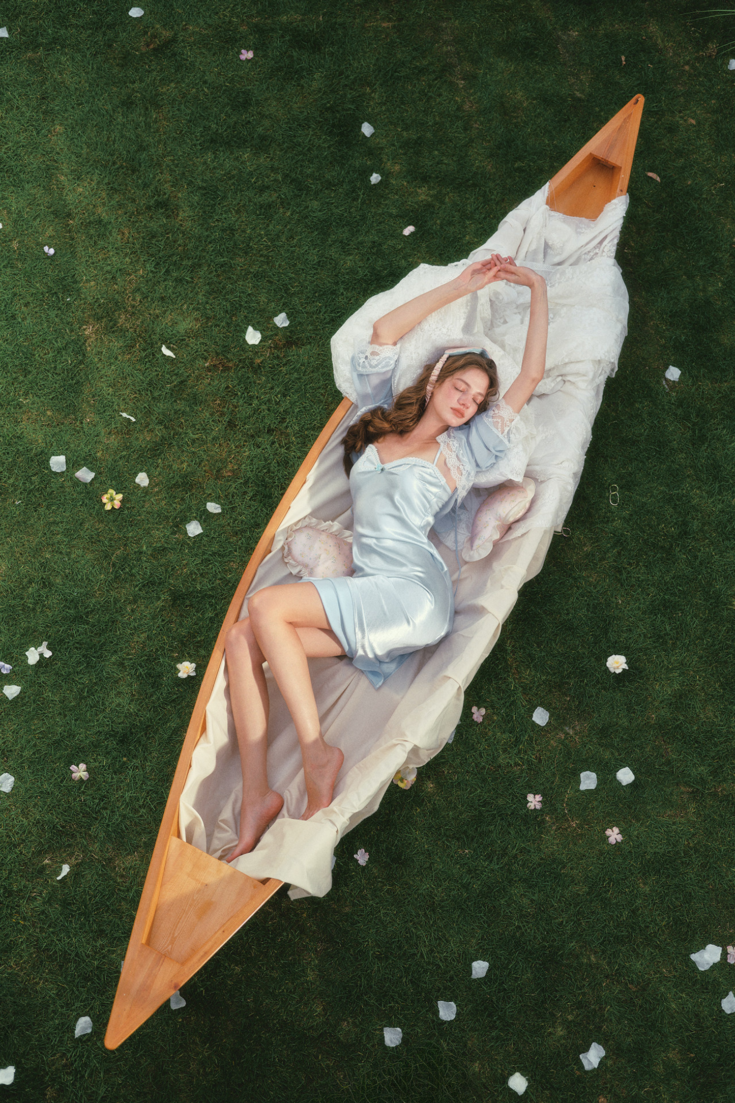 Lace Maid Blue Satin Cardigan Dress + Cardigan