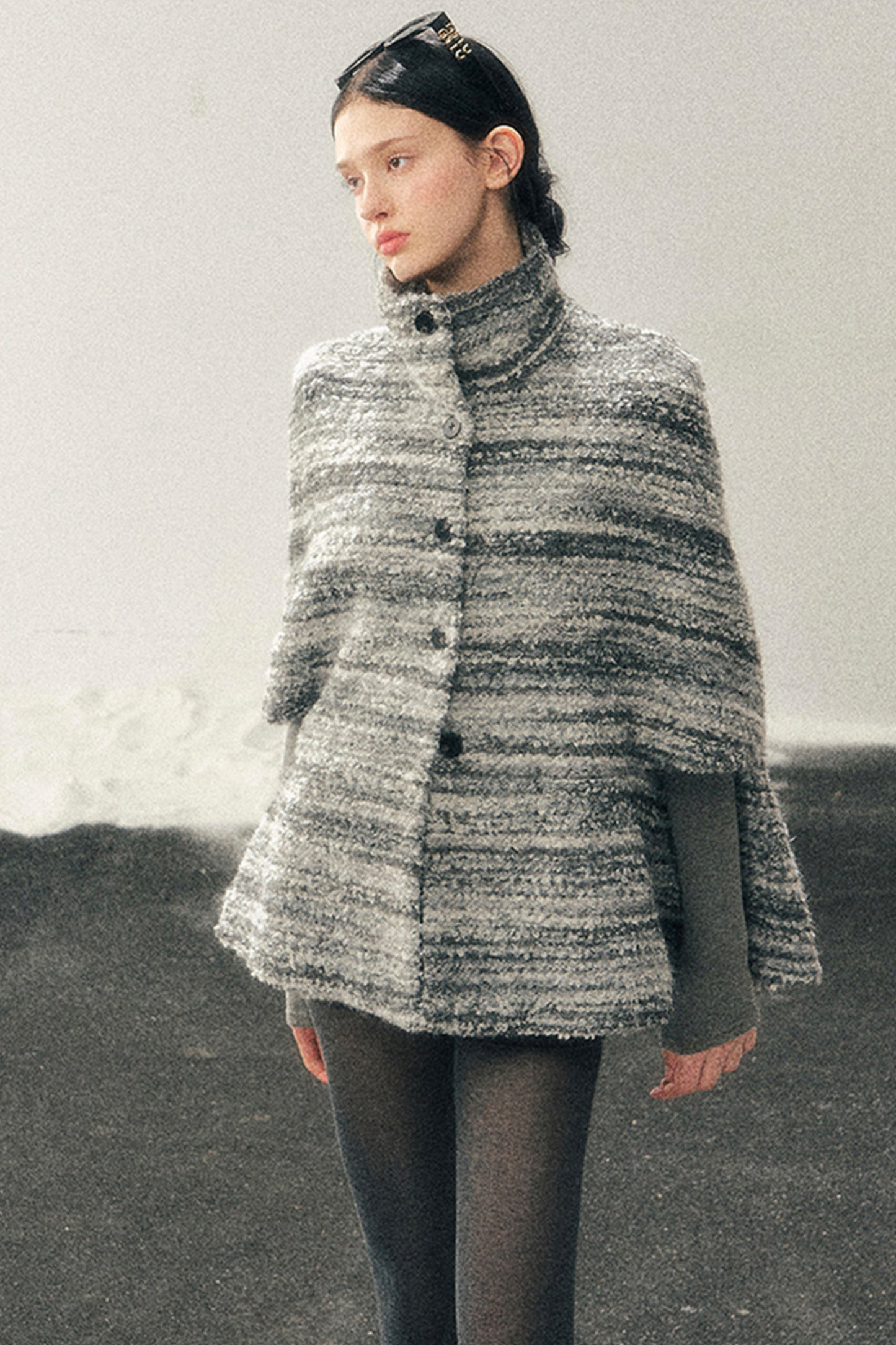 French Striped Wool Turtleneck Coat