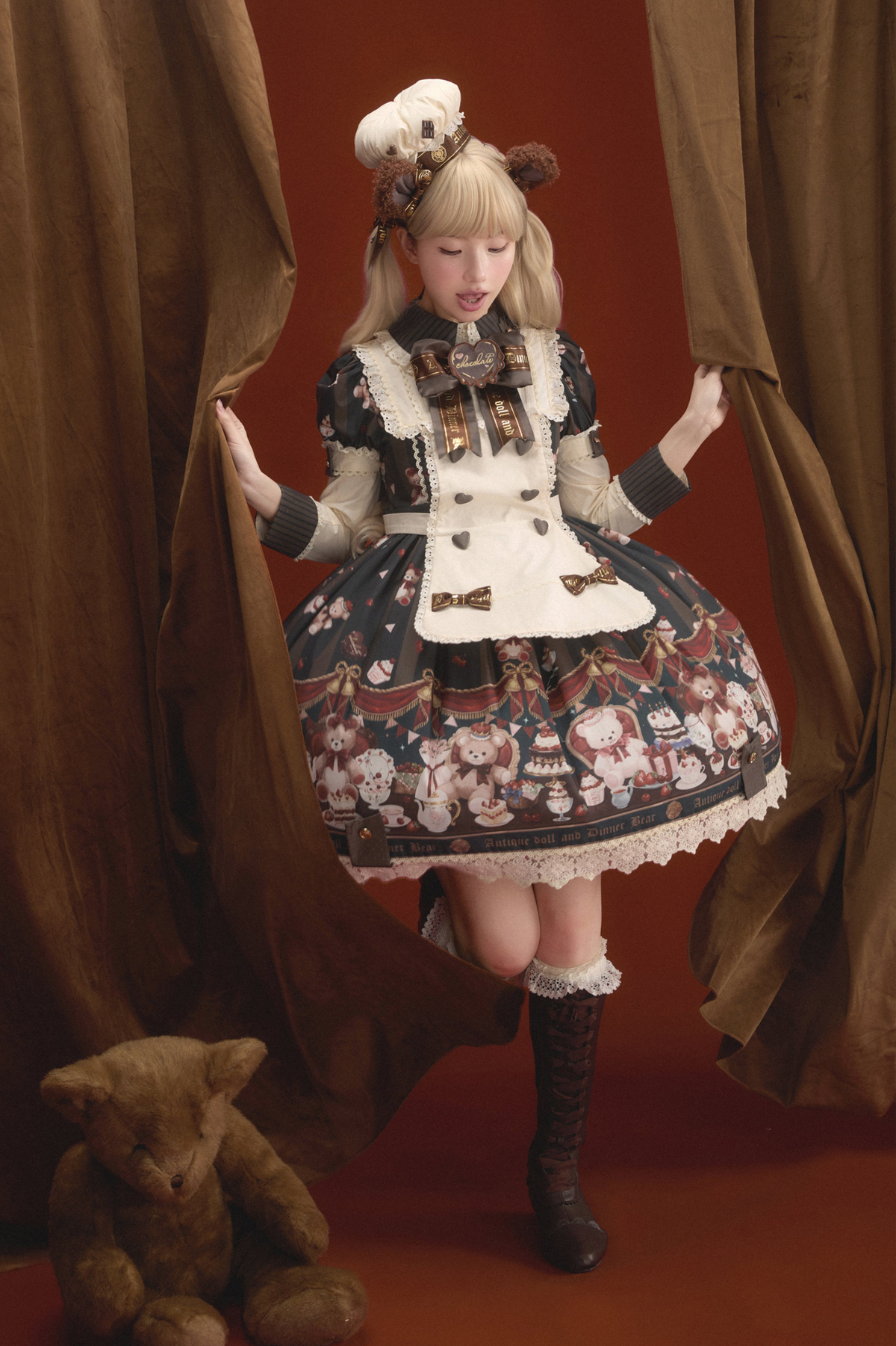 Antique Bear Chef Lolita Dress + Apron + Sleeves + Headband + Brooch + Hair Clip + Hat