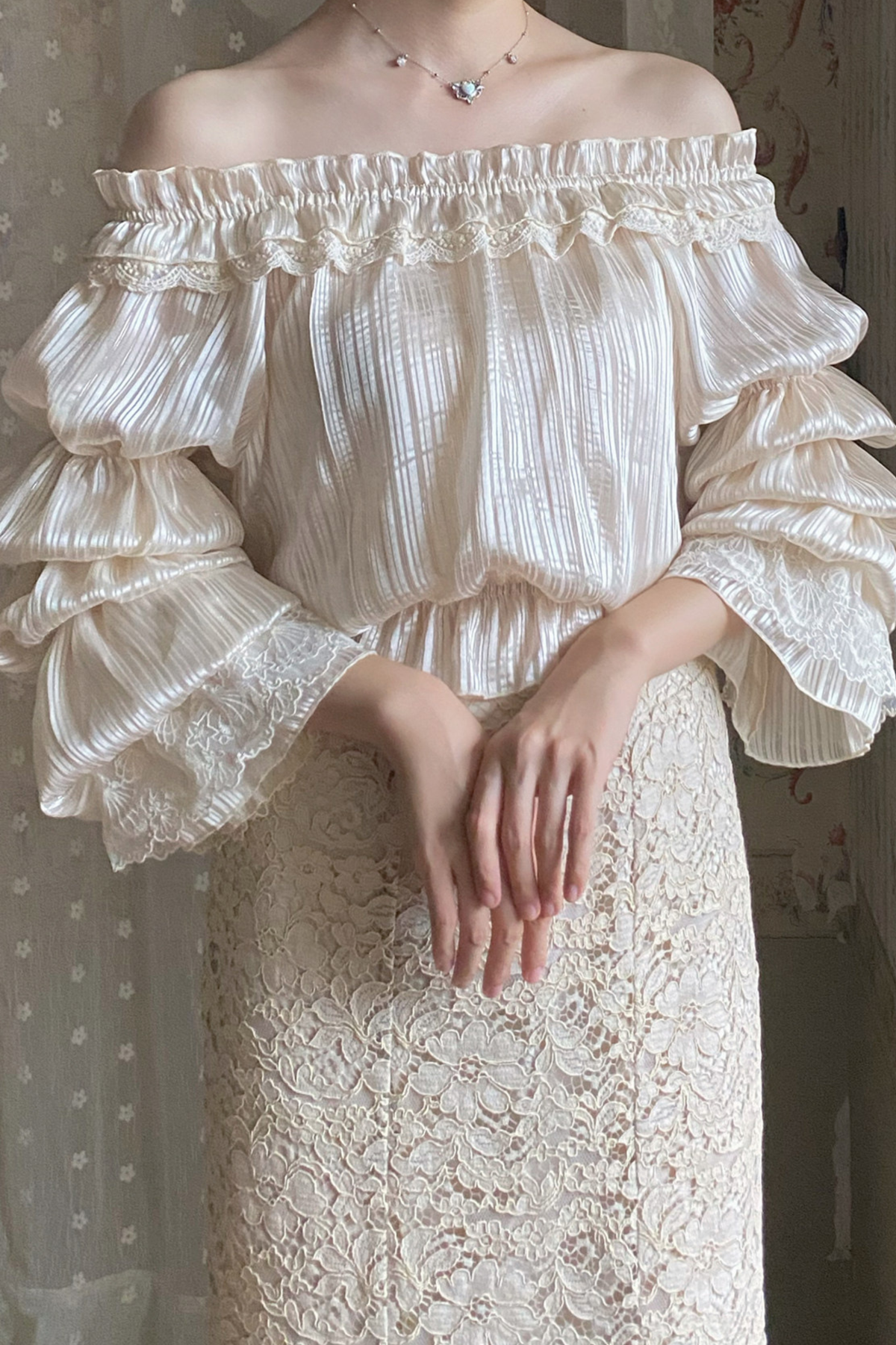 Chiffon Off-Shoulder Sheer Top Beige