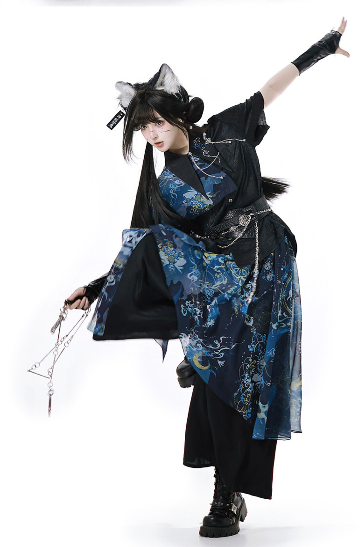 Dark China Shirt + Wide Leg Pants + Chain + Belt