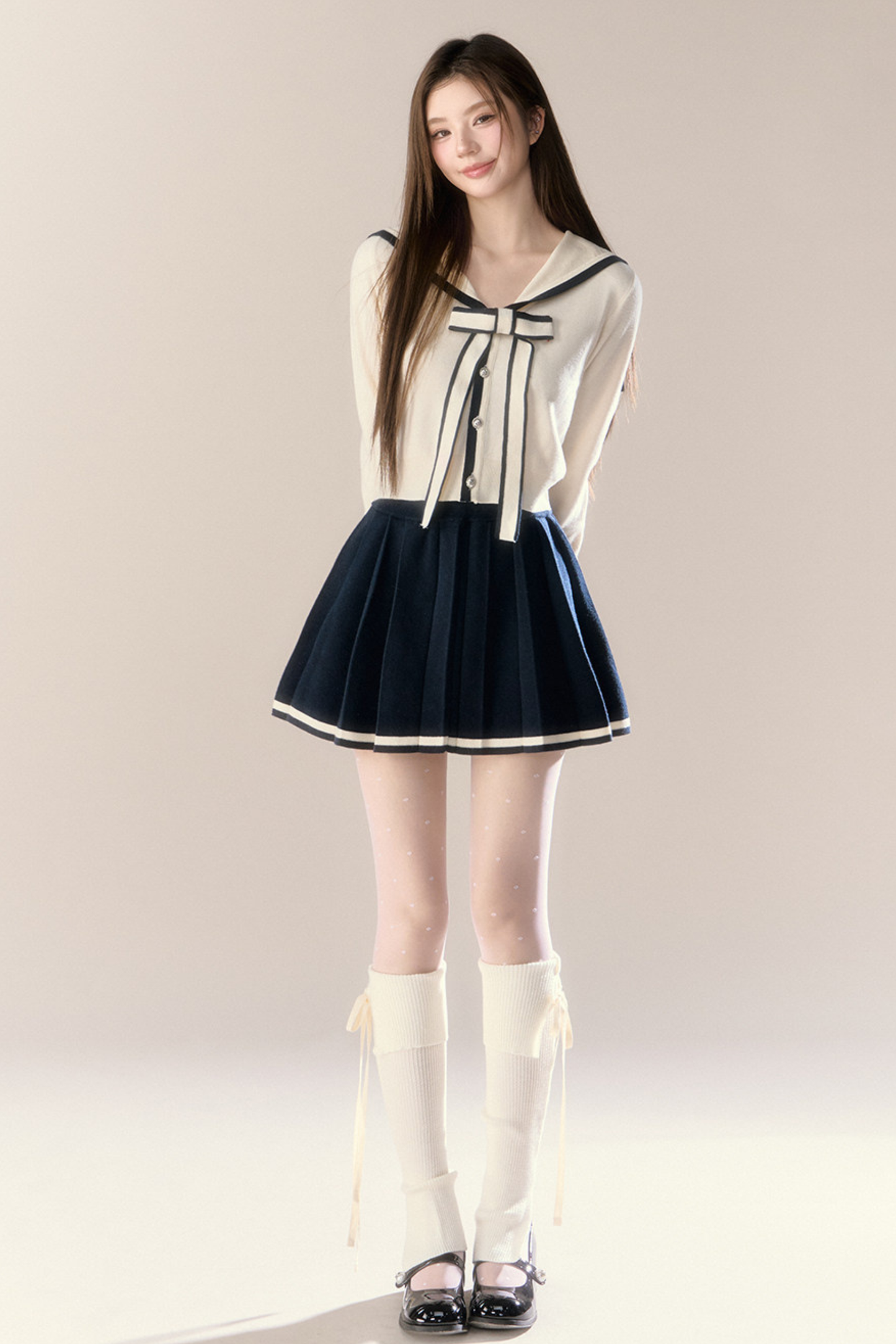 Sailor Ribbon Cardigan + Pleated Skirt