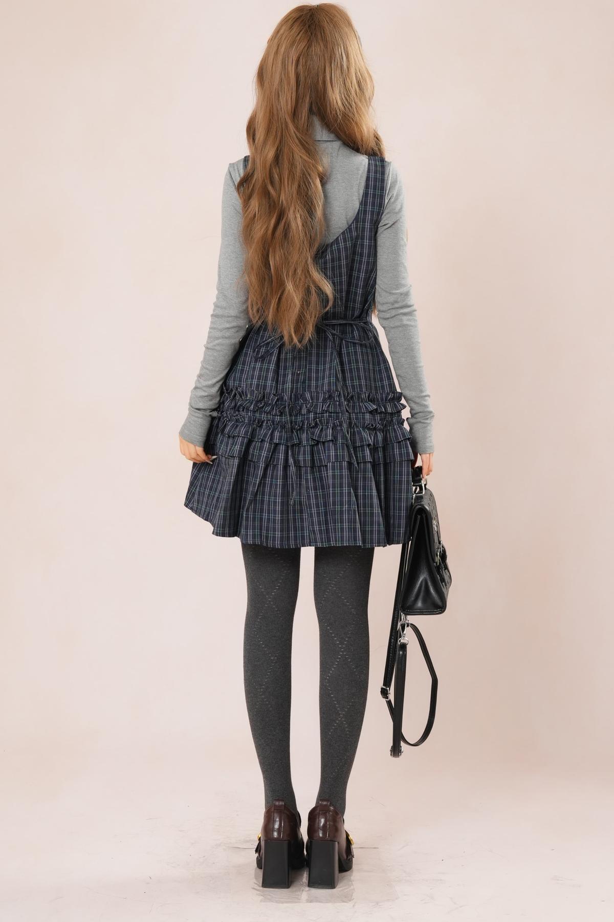 Dark French Ruffle Check Sleeveless Dress + Shirt