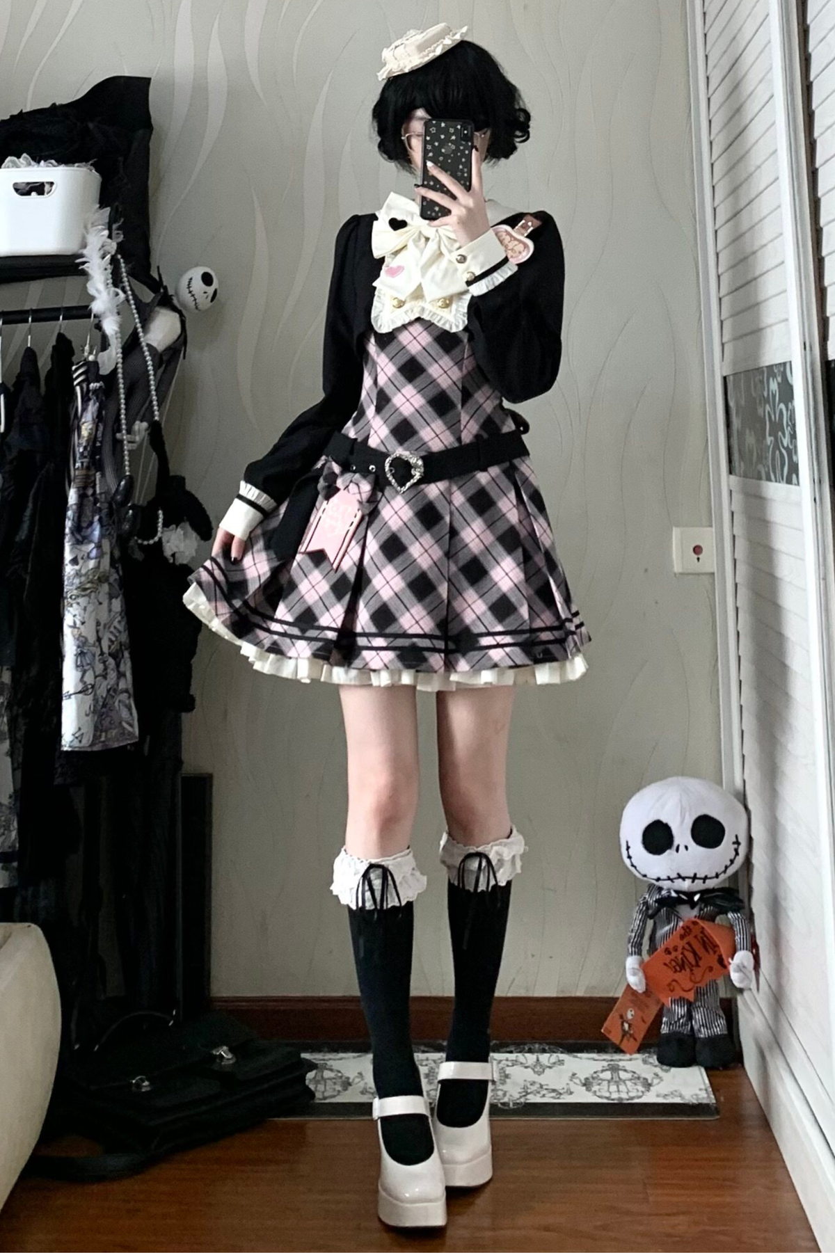 Check Sweet College Faux Two-Piece Dress + Beret