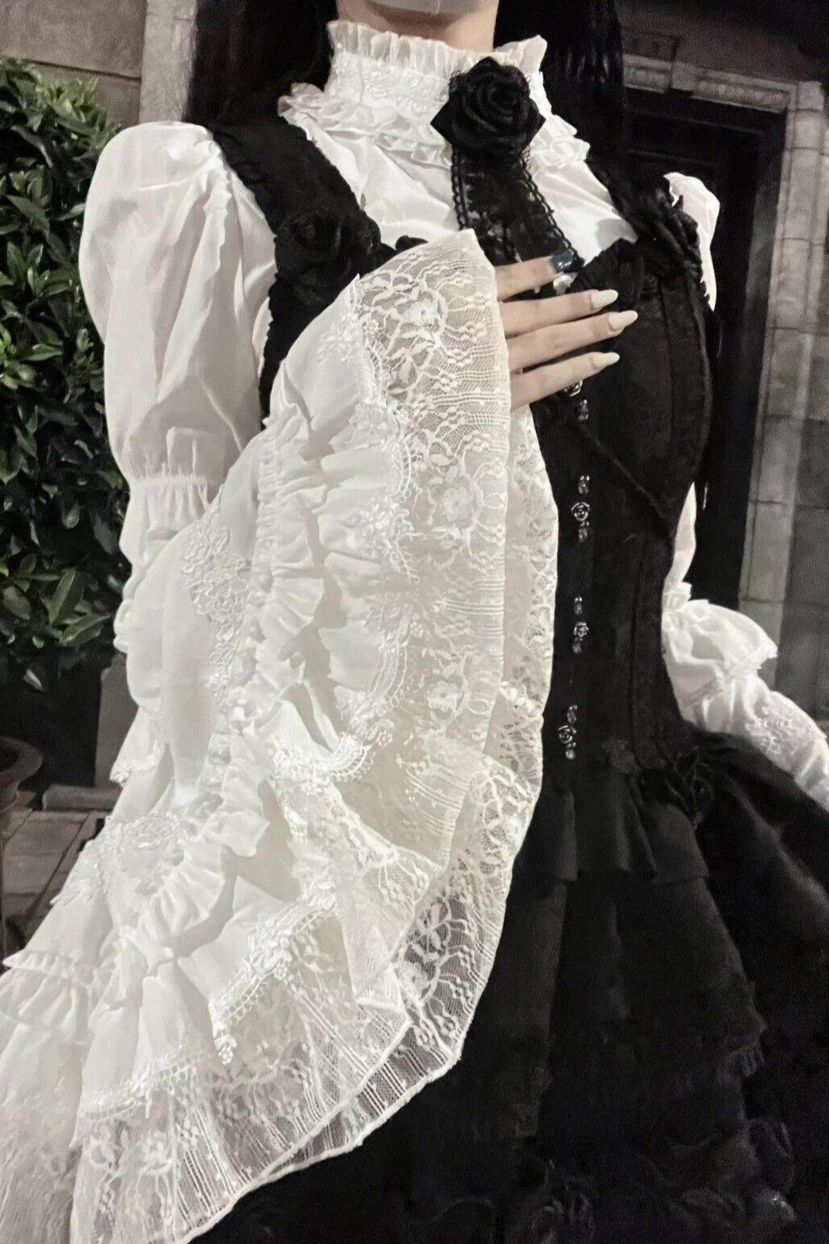 Gothic Lace Trumpet Sleeve Blouse White