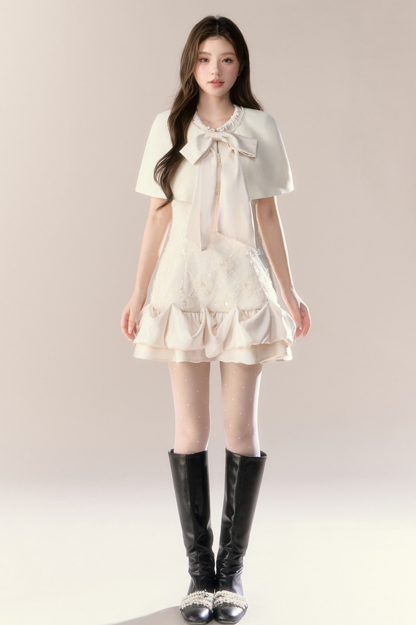 Frill Girly Pure Sleeveless Dress + Ribbon Cape