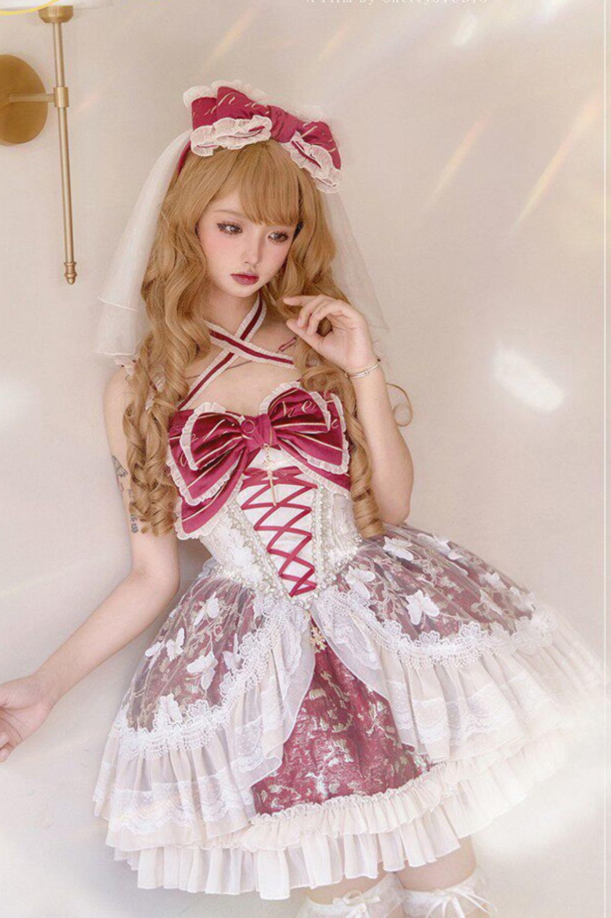 Sweet Baroque Lolita Dress + Veil + Ribbon + Headband + Tail + Sleeves
