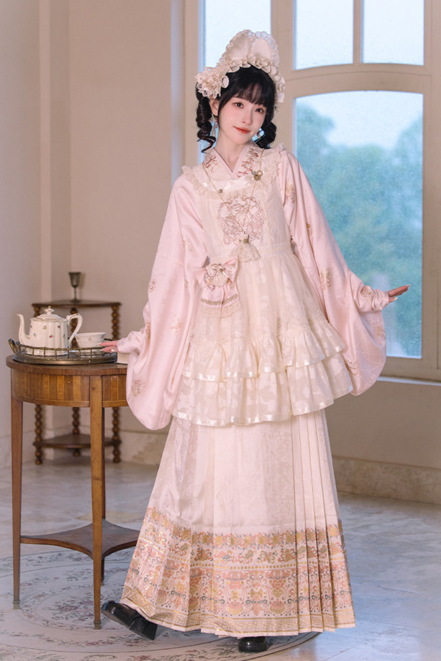 Chinese Pastel Top + Apron + Bow + Necklace + Brooch + Hair Accessories