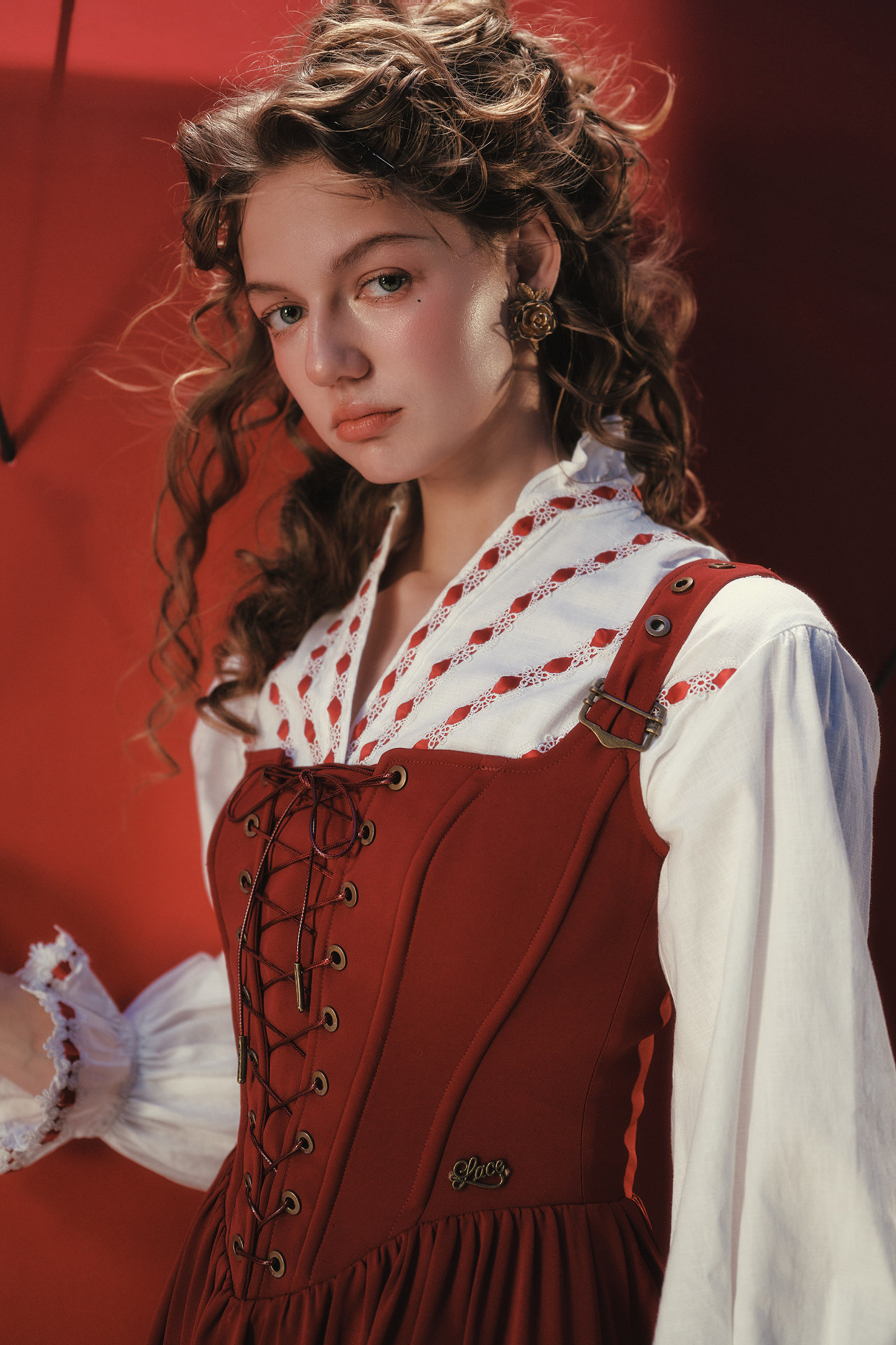 Lace Maid Retro Red Suspender Dress + Blouse