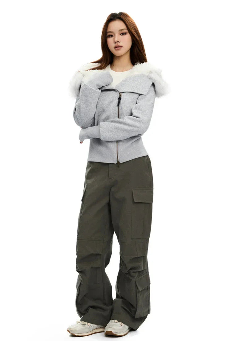 Zip-Up Hoodie with White Faux Fur Hood Trim