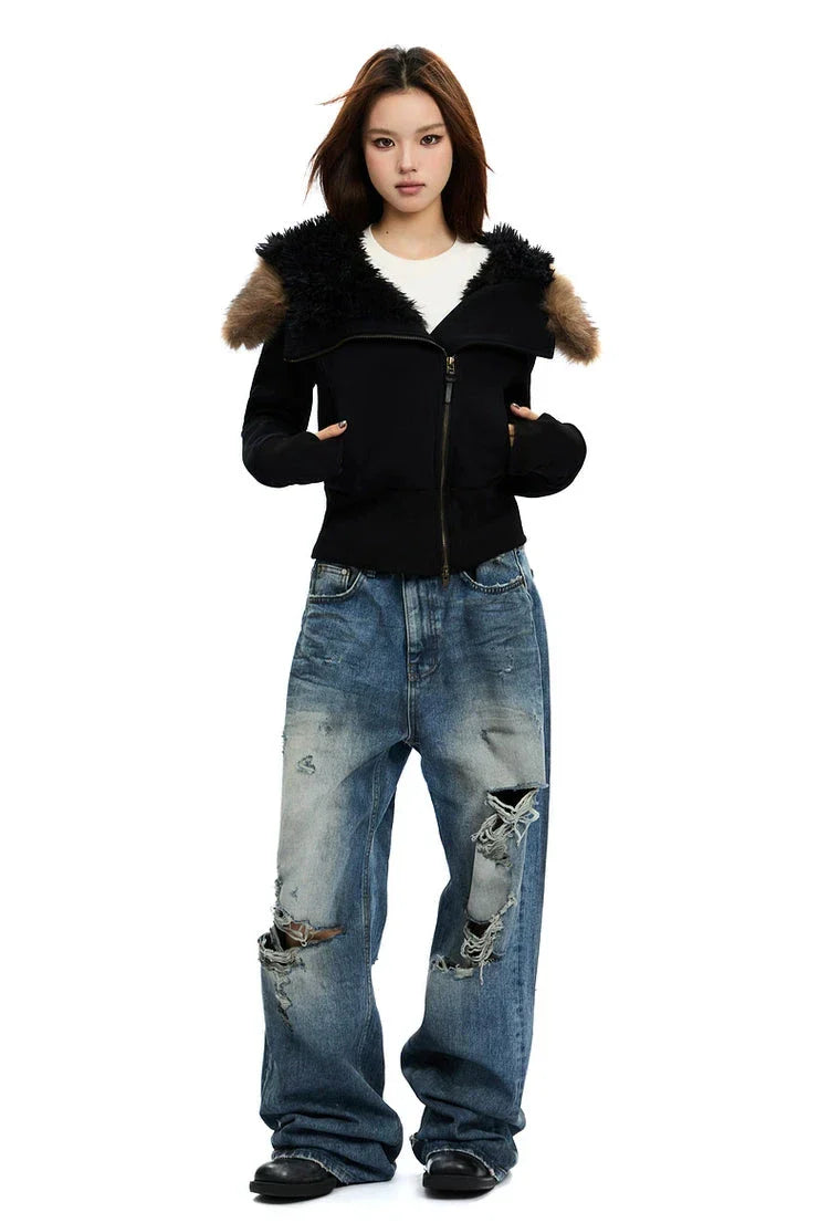 Zip-Up Hoodie with White Faux Fur Hood Trim