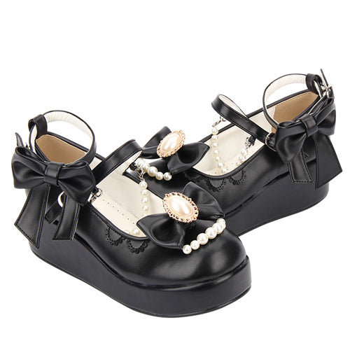 Round toe Bowknot Pearl Chain Classic Lolita Shoes