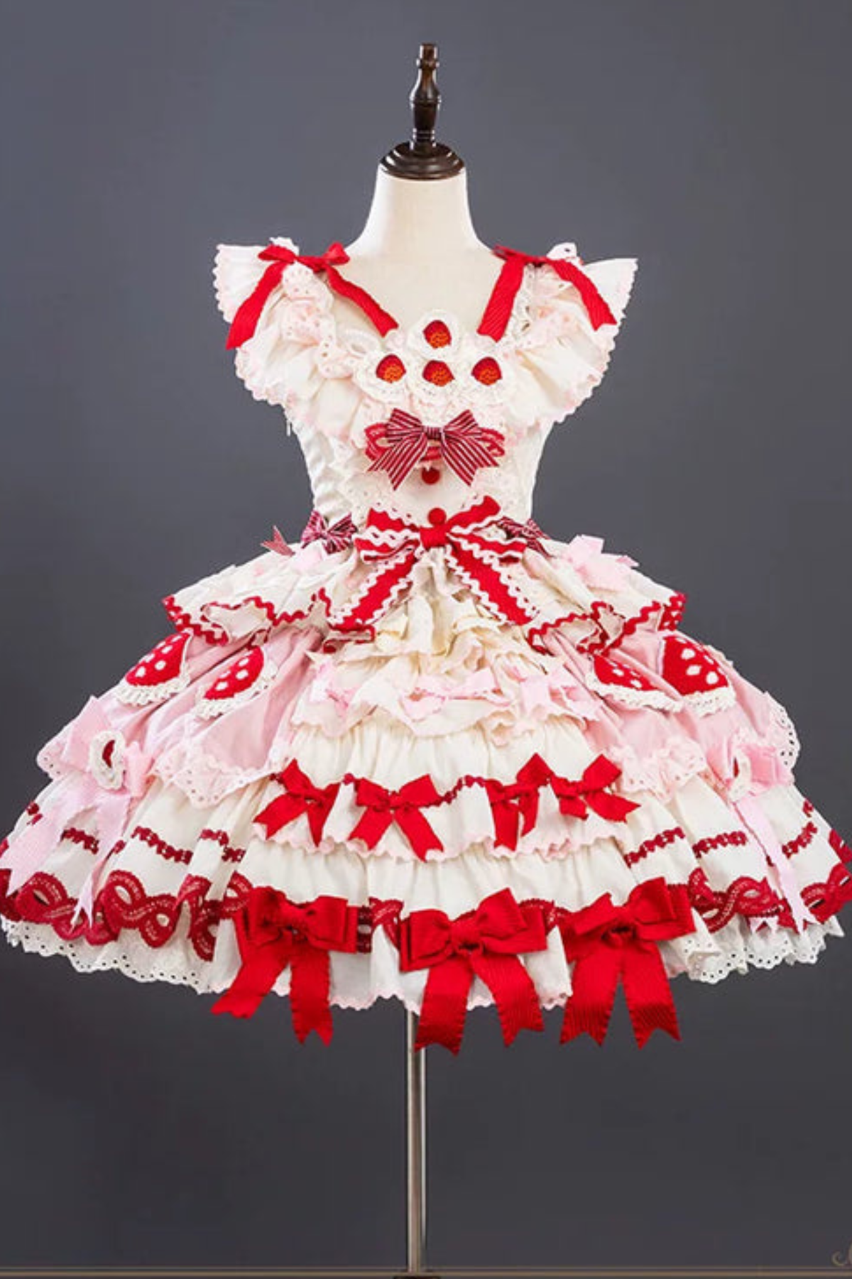Strawberry Fantasy Lolita Dress + Jumper Skirt + Ribbon + Sleeves + Bonnet White［Jsk］