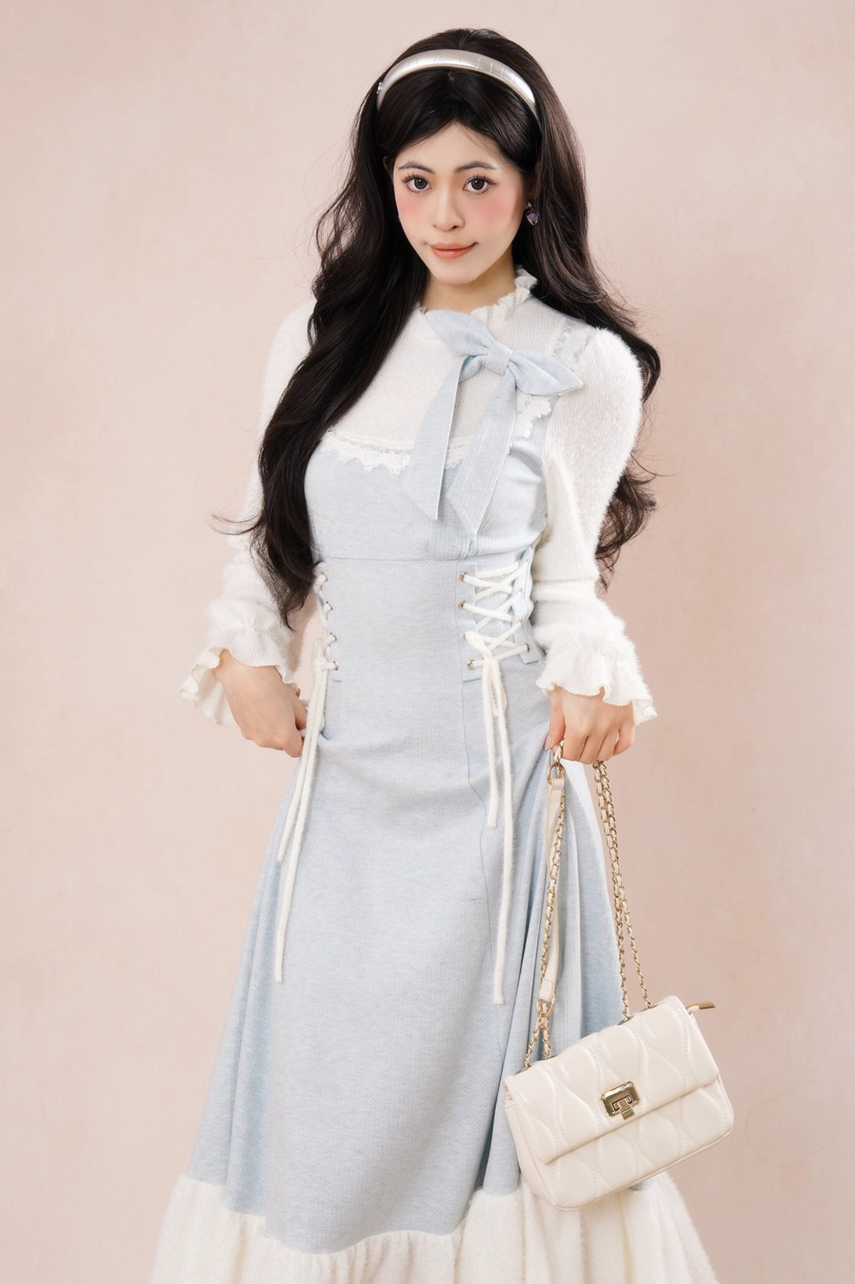 French Blue Ribbon Ruffle Dress