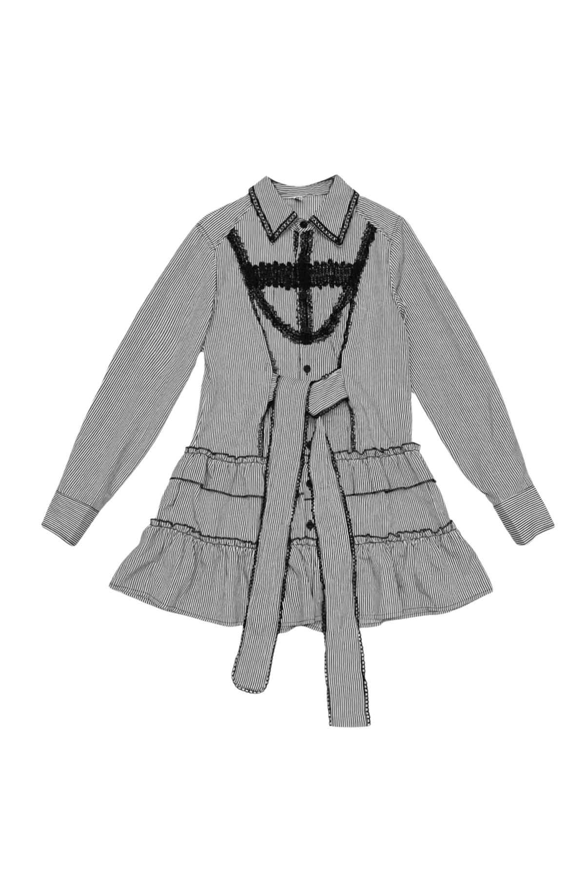 Striped Lace Midi Patchwork Shirt Dress Black