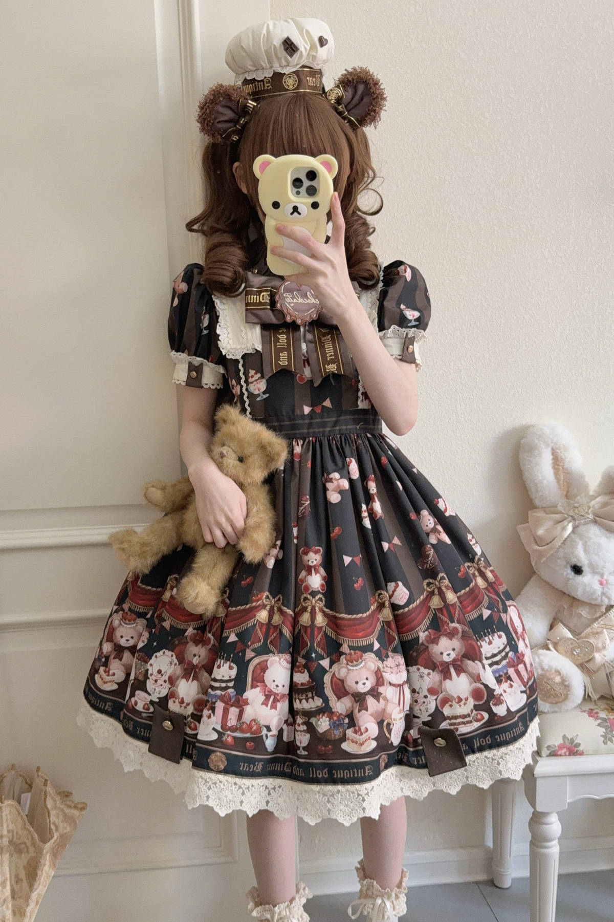 Antique Bear Chef Lolita Dress + Apron + Sleeves + Headband + Brooch + Hair Clip + Hat