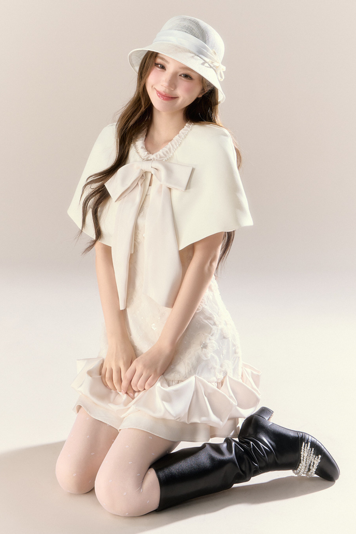 Frill Girly Pure Sleeveless Dress + Ribbon Cape