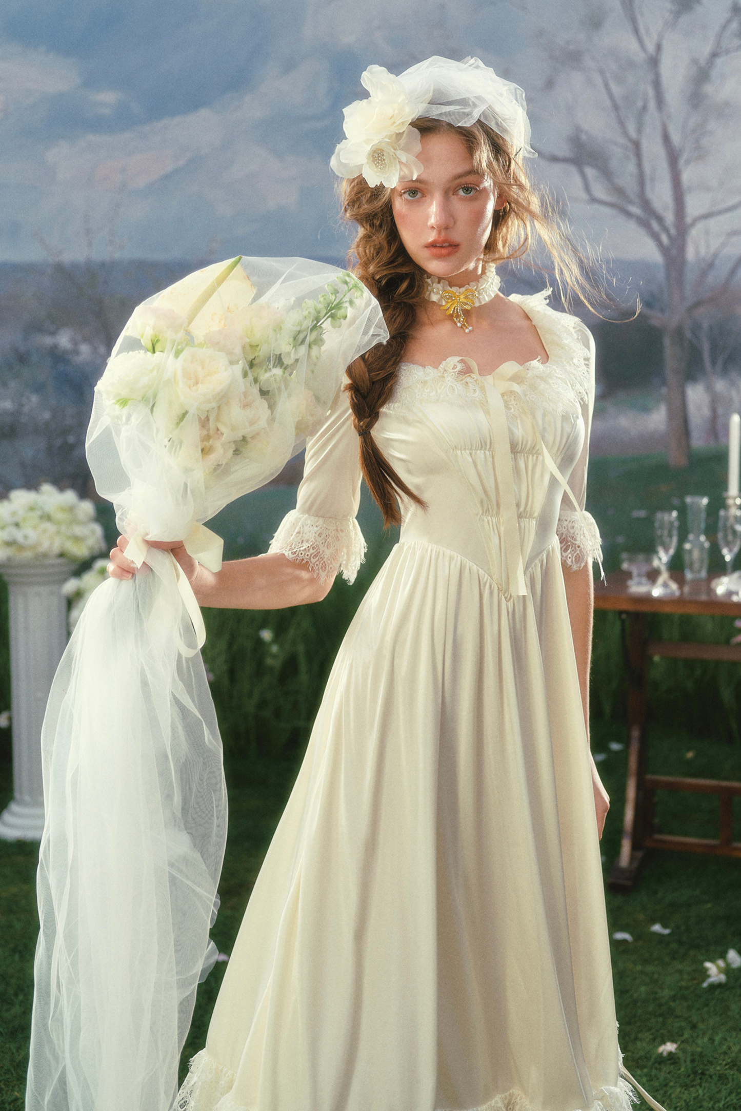 French Retro Satin Wedding Dress