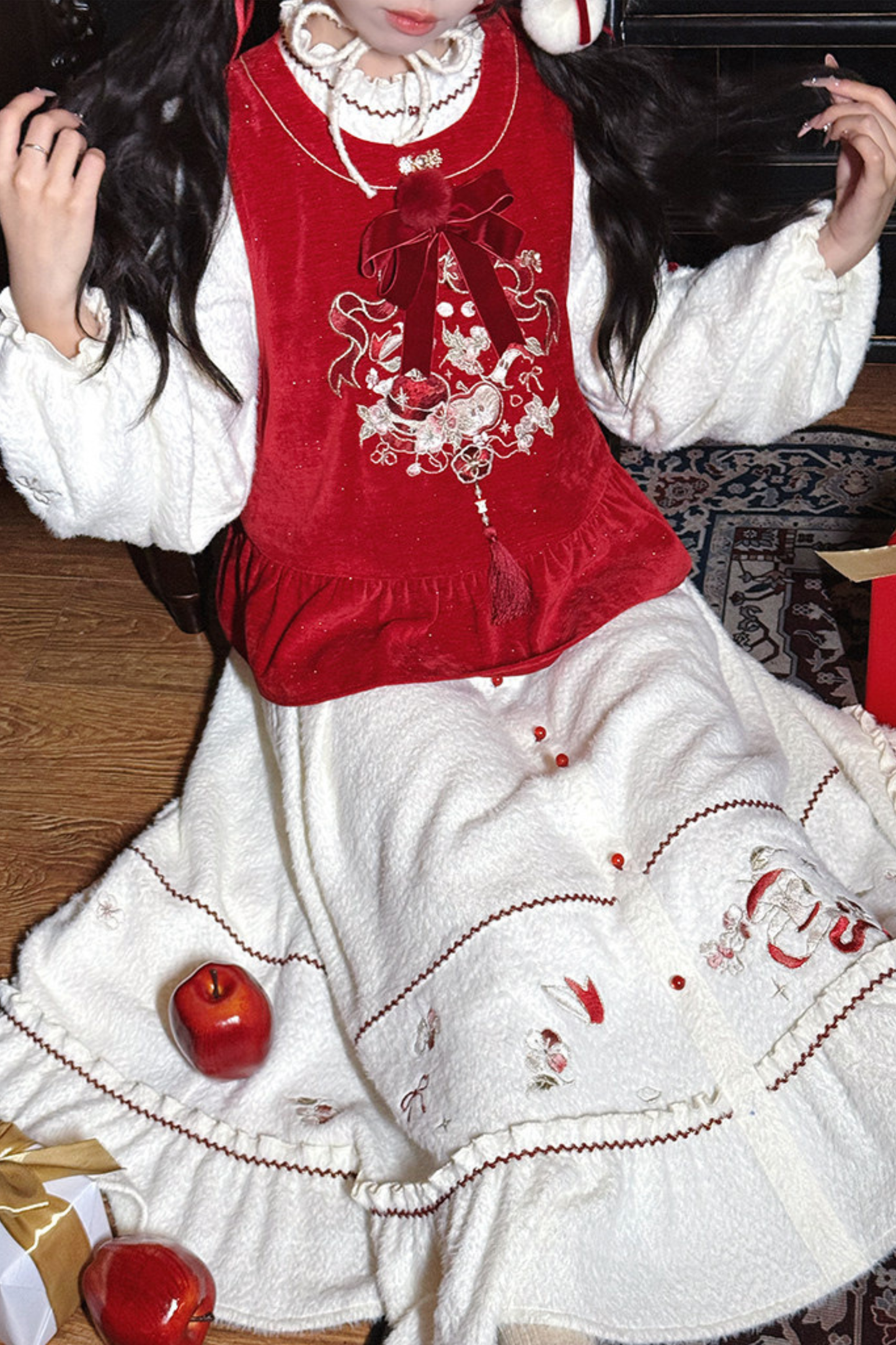 Chinese Dark Red Vest + Dress + Ear Cuffs