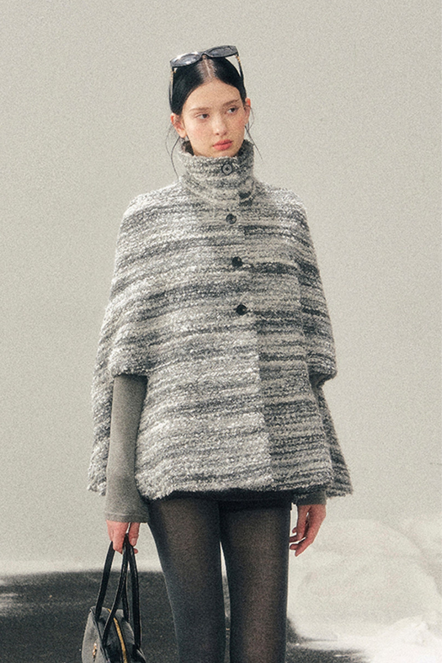 French Striped Wool Turtleneck Coat