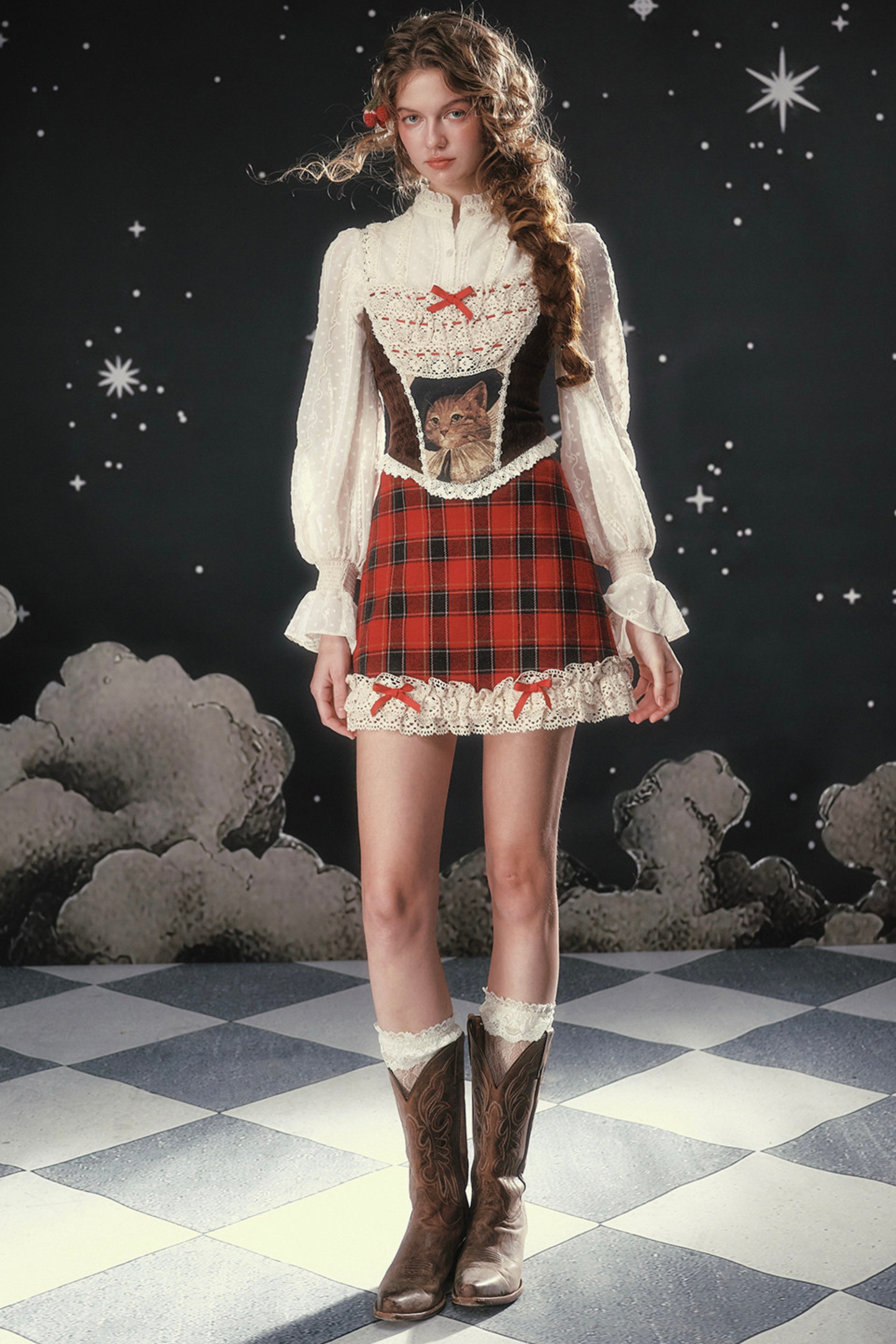 Lace Maid Plaid Corset Top + Crochet Cardigan + Plaid Skirt