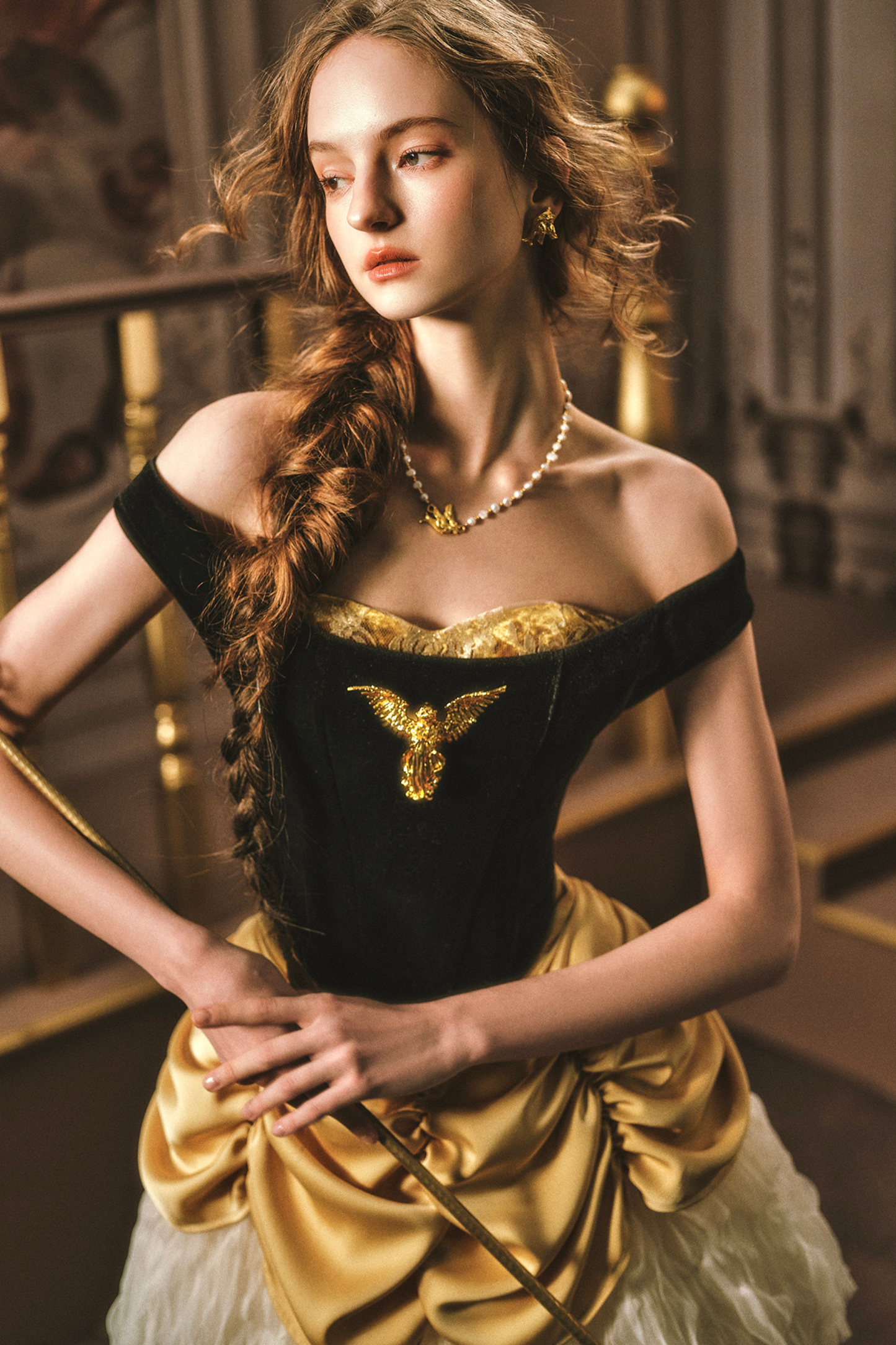 Golden Eagle Lace Corset Top + Skirt + Brooch