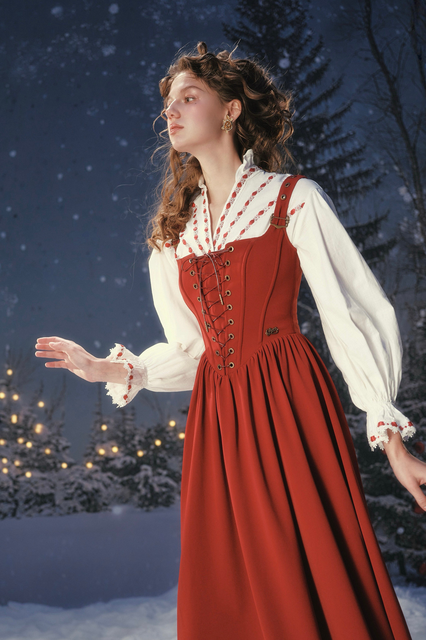 Lace Maid Retro Red Suspender Dress + Blouse