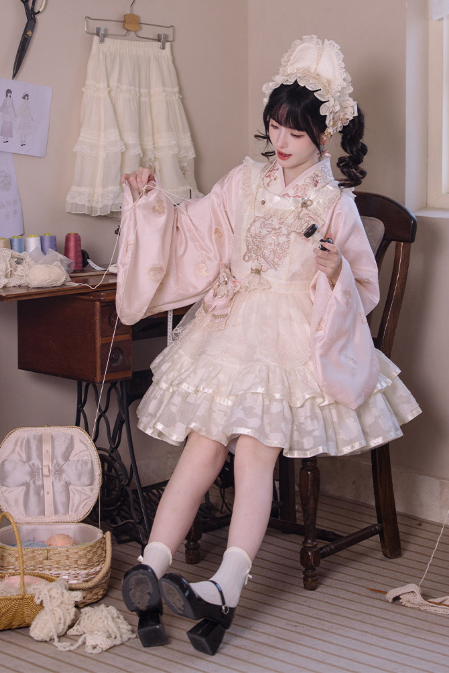 Chinese Pastel Top + Apron + Bow + Necklace + Brooch + Hair Accessories