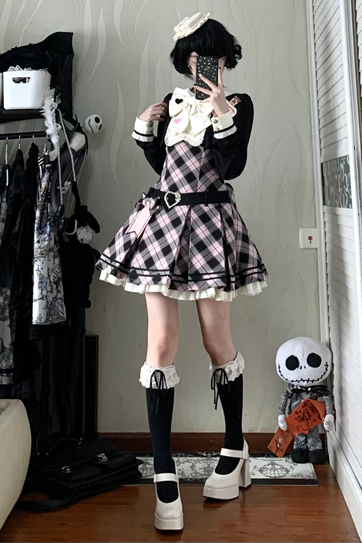 Check Sweet College Faux Two-Piece Dress + Beret